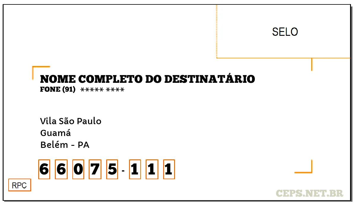 CEP BELÉM - PA, DDD 91, CEP 66075111, VILA SÃO PAULO, BAIRRO GUAMÁ.