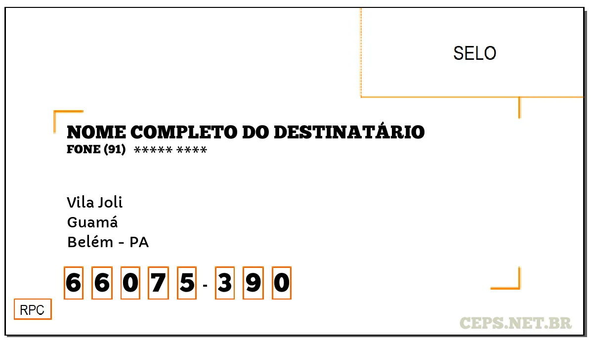 CEP BELÉM - PA, DDD 91, CEP 66075390, VILA JOLI, BAIRRO GUAMÁ.