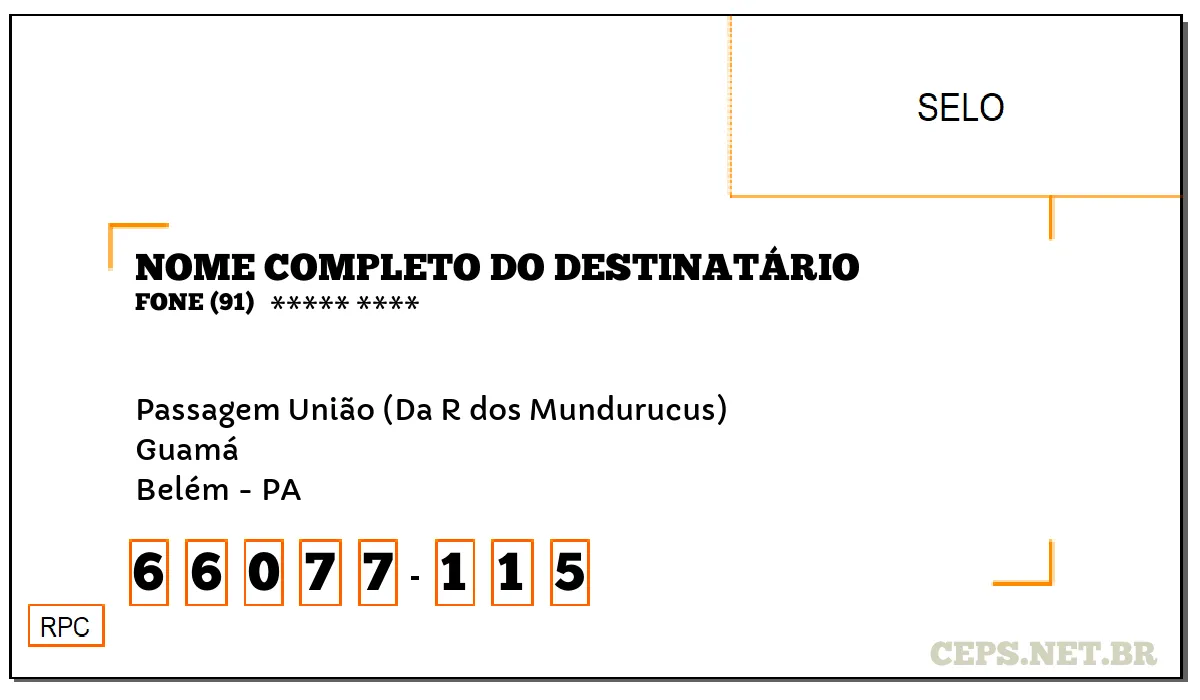 CEP BELÉM - PA, DDD 91, CEP 66077115, PASSAGEM UNIÃO (DA R DOS MUNDURUCUS), BAIRRO GUAMÁ.