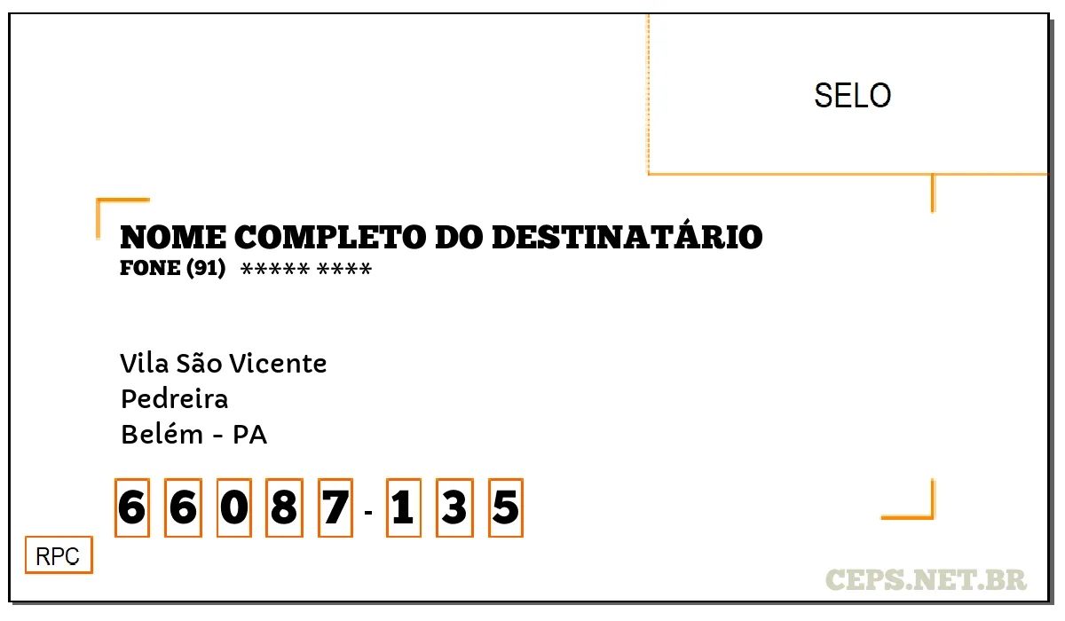 CEP BELÉM - PA, DDD 91, CEP 66087135, VILA SÃO VICENTE, BAIRRO PEDREIRA.