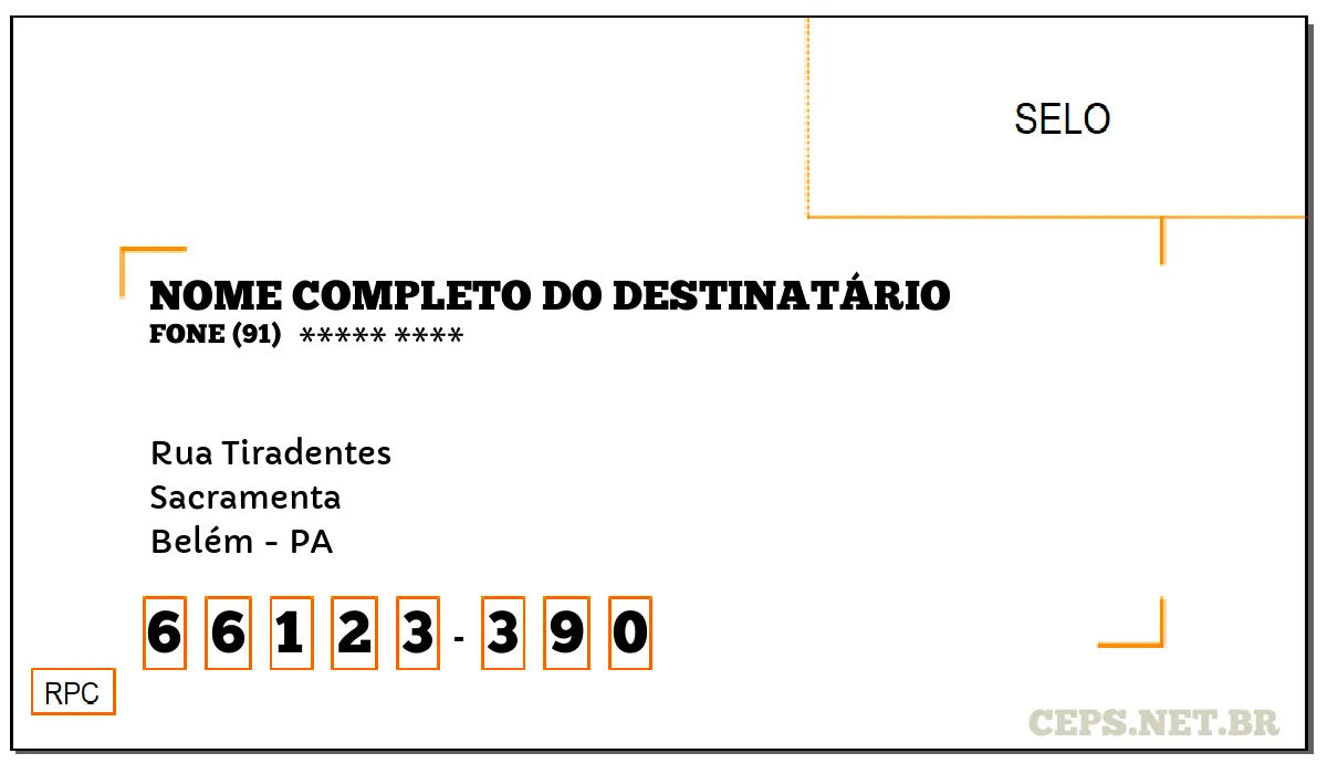 CEP BELÉM - PA, DDD 91, CEP 66123390, RUA TIRADENTES, BAIRRO SACRAMENTA.