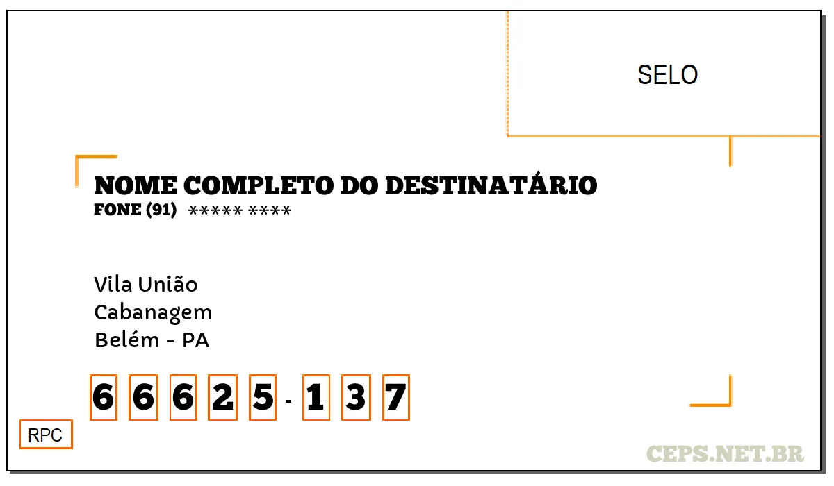 CEP BELÉM - PA, DDD 91, CEP 66625137, VILA UNIÃO, BAIRRO CABANAGEM.