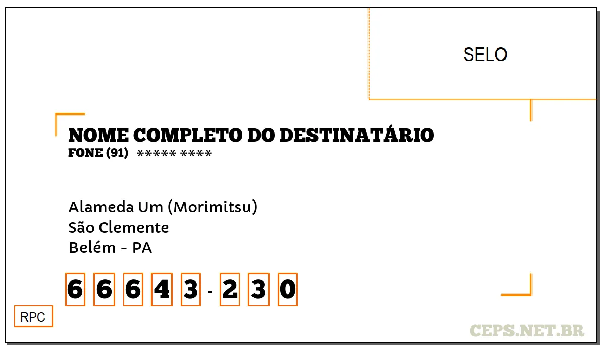 CEP BELÉM - PA, DDD 91, CEP 66643230, ALAMEDA UM (MORIMITSU), BAIRRO SÃO CLEMENTE.