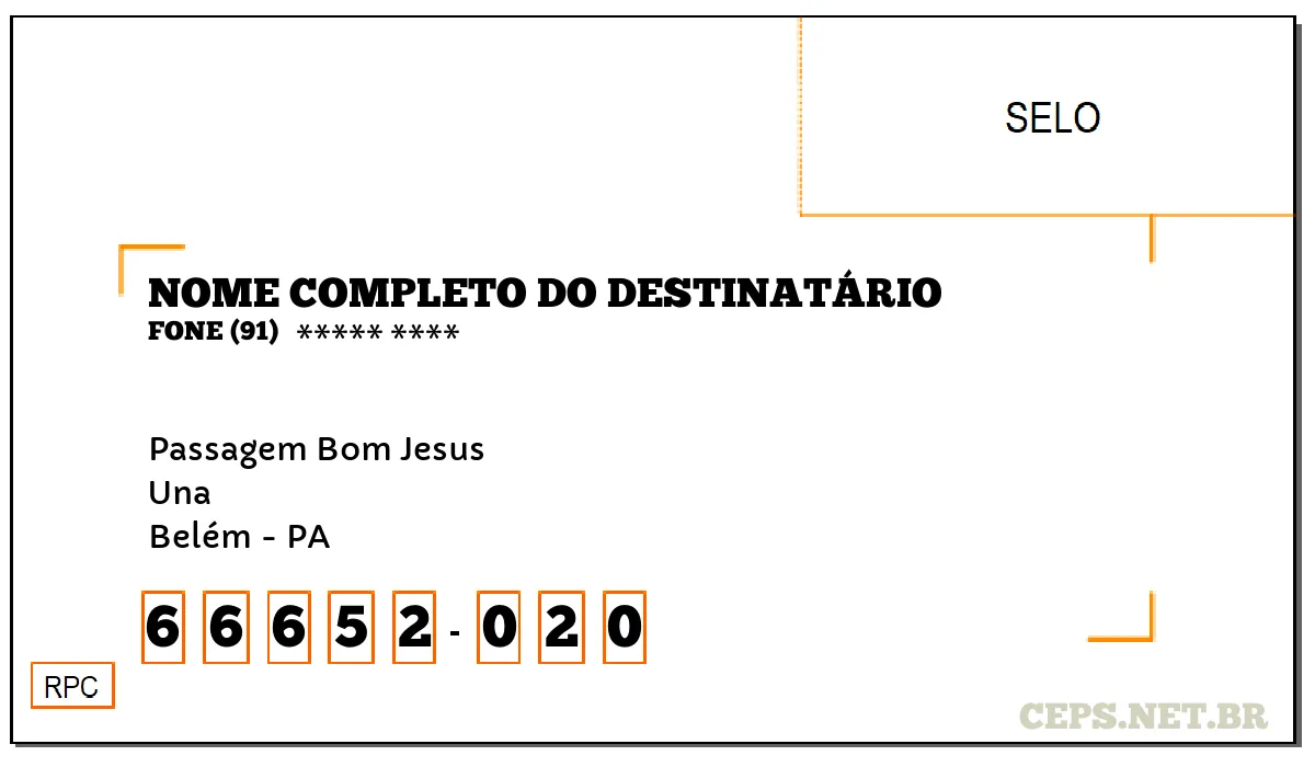 CEP BELÉM - PA, DDD 91, CEP 66652020, PASSAGEM BOM JESUS, BAIRRO UNA.