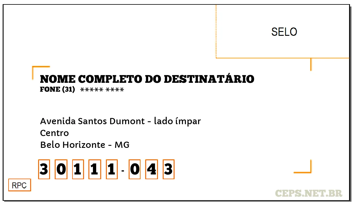 CEP BELO HORIZONTE - MG, DDD 31, CEP 30111043, AVENIDA SANTOS DUMONT - LADO ÍMPAR, BAIRRO CENTRO.