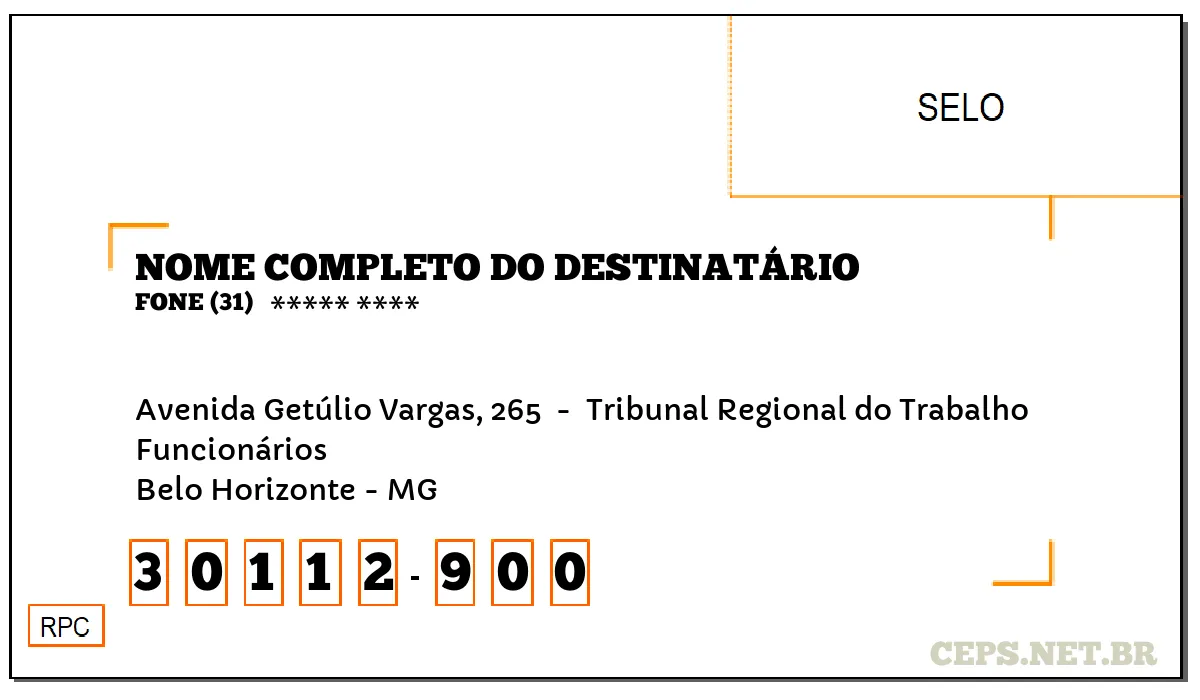 CEP BELO HORIZONTE - MG, DDD 31, CEP 30112900, AVENIDA GETÚLIO VARGAS, 265 , BAIRRO FUNCIONÁRIOS.