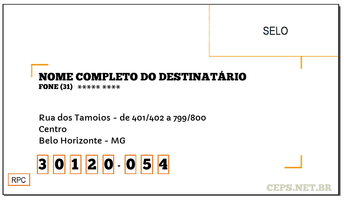 CEP BELO HORIZONTE - MG, DDD 31, CEP 30120054, RUA DOS TAMOIOS - DE 401/402 A 799/800, BAIRRO CENTRO.