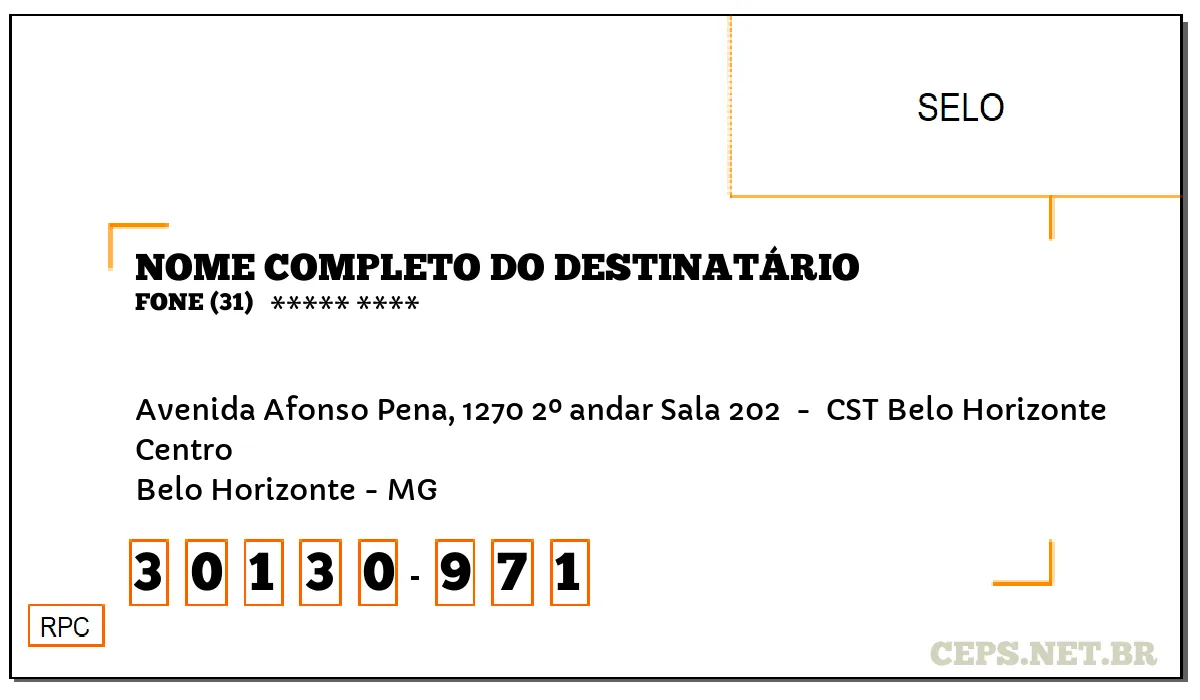 CEP BELO HORIZONTE - MG, DDD 31, CEP 30130971, AVENIDA AFONSO PENA, 1270 2º ANDAR SALA 202 , BAIRRO CENTRO.