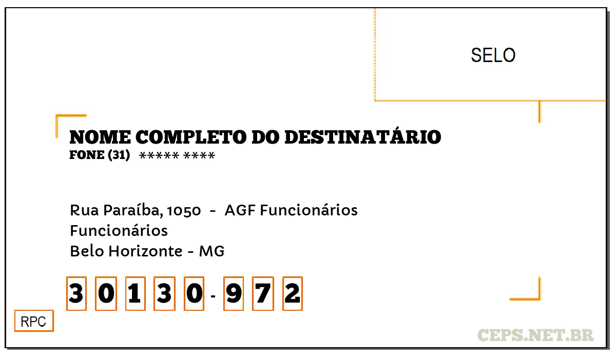 CEP BELO HORIZONTE - MG, DDD 31, CEP 30130972, RUA PARAÍBA, 1050 , BAIRRO FUNCIONÁRIOS.