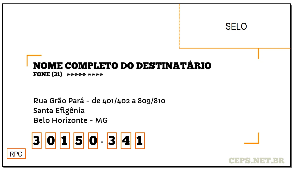 CEP BELO HORIZONTE - MG, DDD 31, CEP 30150341, RUA GRÃO PARÁ - DE 401/402 A 809/810, BAIRRO SANTA EFIGÊNIA.