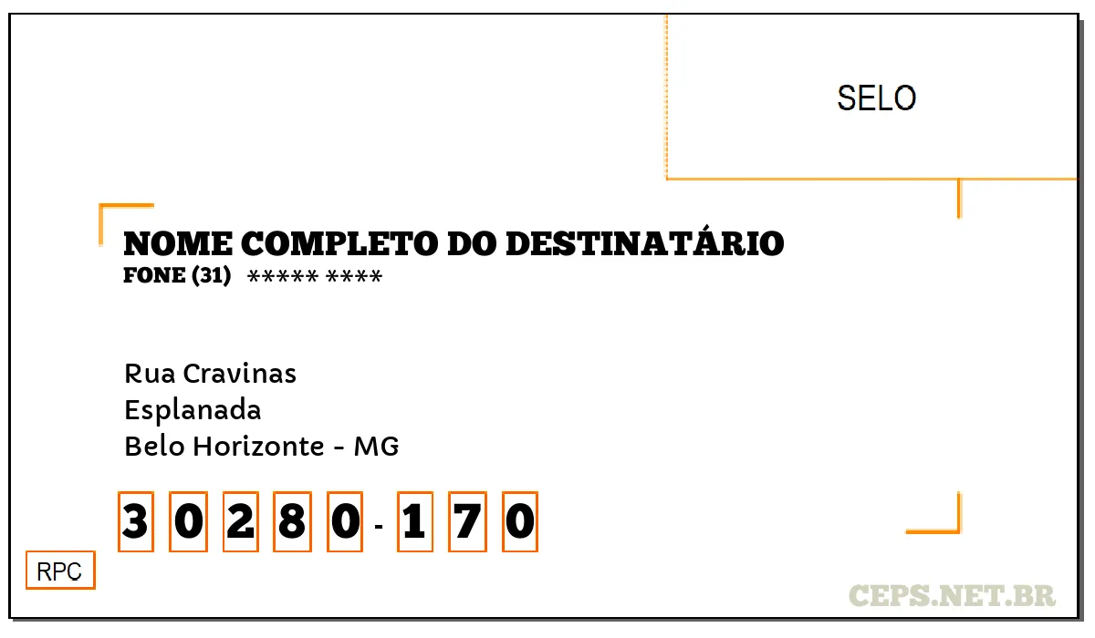 CEP BELO HORIZONTE - MG, DDD 31, CEP 30280170, RUA CRAVINAS, BAIRRO ESPLANADA.