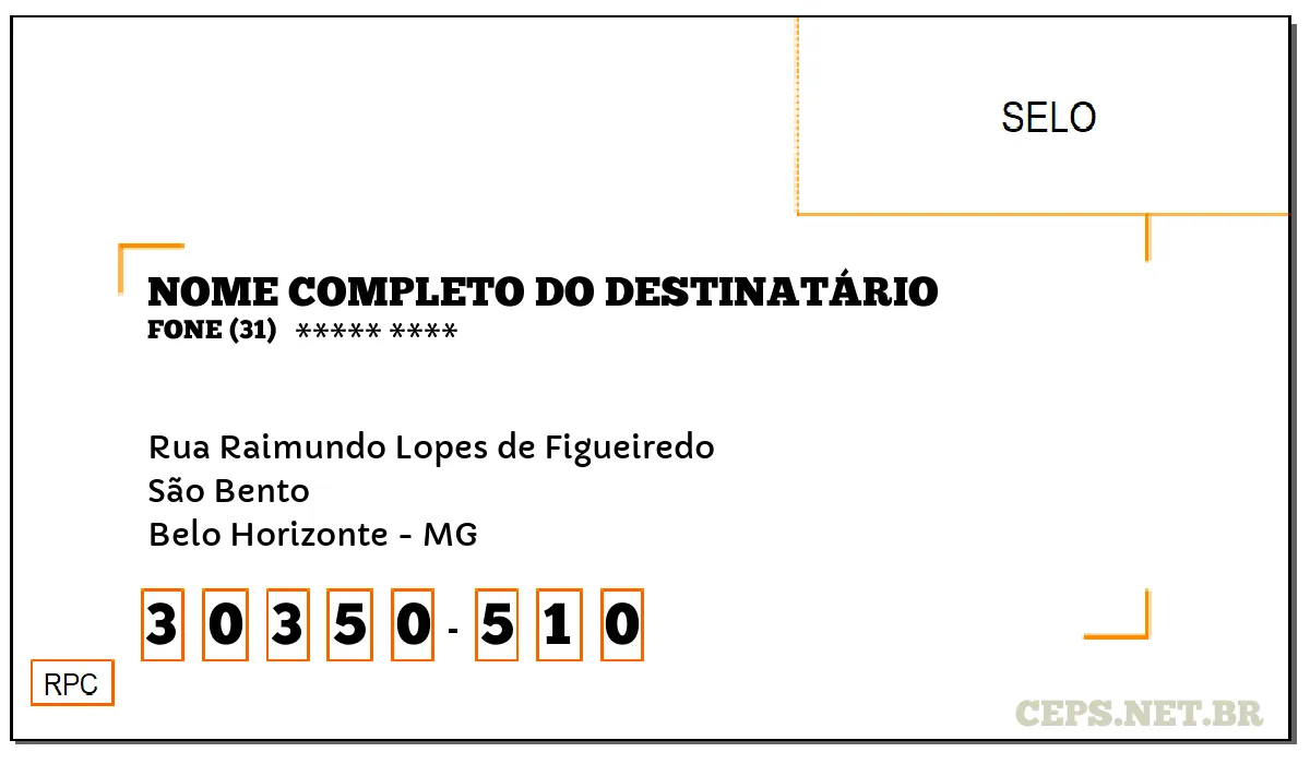 CEP BELO HORIZONTE - MG, DDD 31, CEP 30350510, RUA RAIMUNDO LOPES DE FIGUEIREDO, BAIRRO SÃO BENTO.