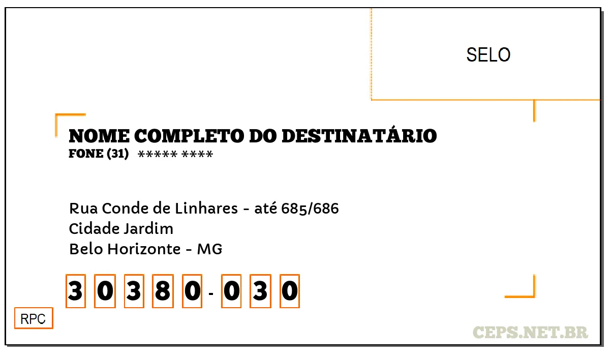 CEP BELO HORIZONTE - MG, DDD 31, CEP 30380030, RUA CONDE DE LINHARES - ATÉ 685/686, BAIRRO CIDADE JARDIM.