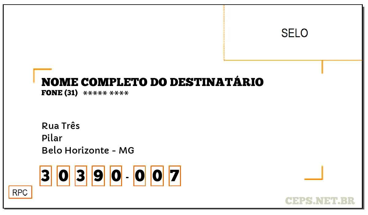 CEP BELO HORIZONTE - MG, DDD 31, CEP 30390007, RUA TRÊS, BAIRRO PILAR.