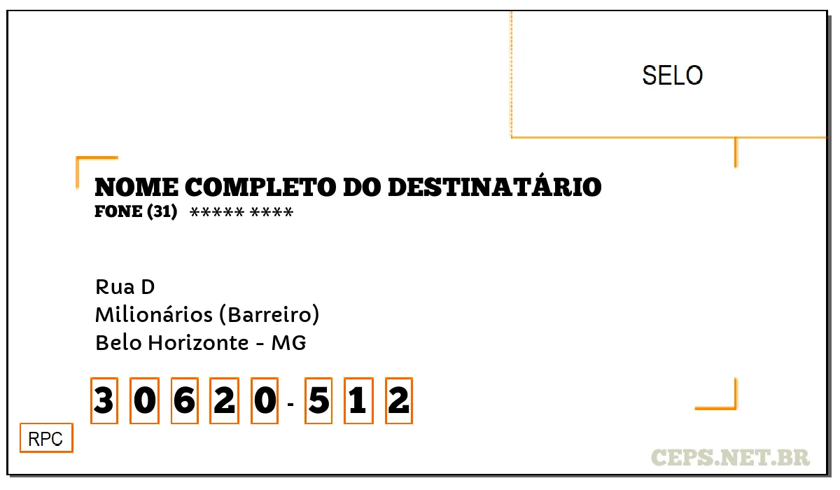 CEP BELO HORIZONTE - MG, DDD 31, CEP 30620512, RUA D, BAIRRO MILIONÁRIOS (BARREIRO).