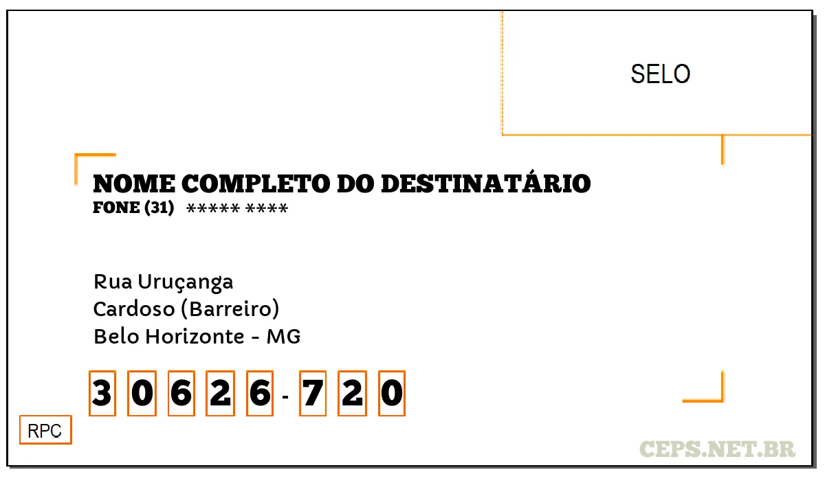 CEP BELO HORIZONTE - MG, DDD 31, CEP 30626720, RUA URUÇANGA, BAIRRO CARDOSO (BARREIRO).