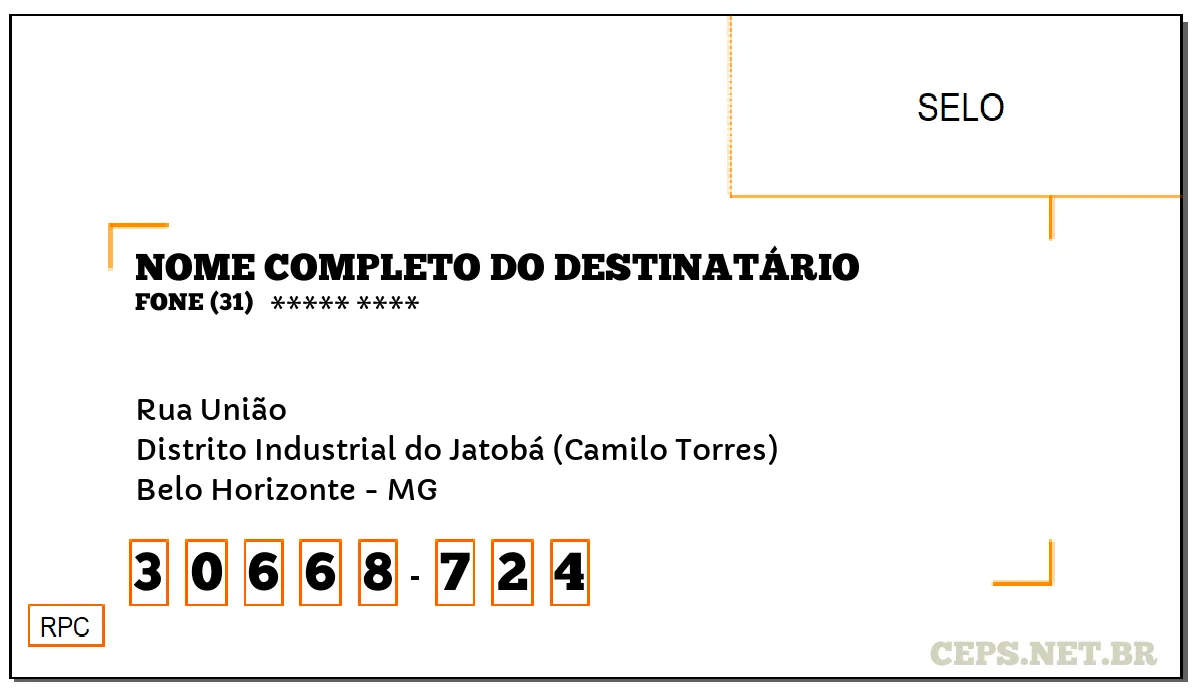 CEP BELO HORIZONTE - MG, DDD 31, CEP 30668724, RUA UNIÃO, BAIRRO DISTRITO INDUSTRIAL DO JATOBÁ (CAMILO TORRES).