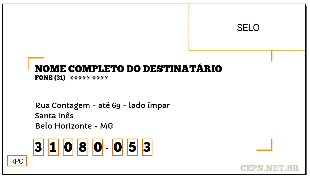 CEP BELO HORIZONTE - MG, DDD 31, CEP 31080053, RUA CONTAGEM - ATÉ 69 - LADO ÍMPAR, BAIRRO SANTA INÊS.