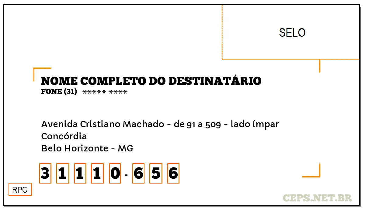 CEP BELO HORIZONTE - MG, DDD 31, CEP 31110656, AVENIDA CRISTIANO MACHADO - DE 91 A 509 - LADO ÍMPAR, BAIRRO CONCÓRDIA.