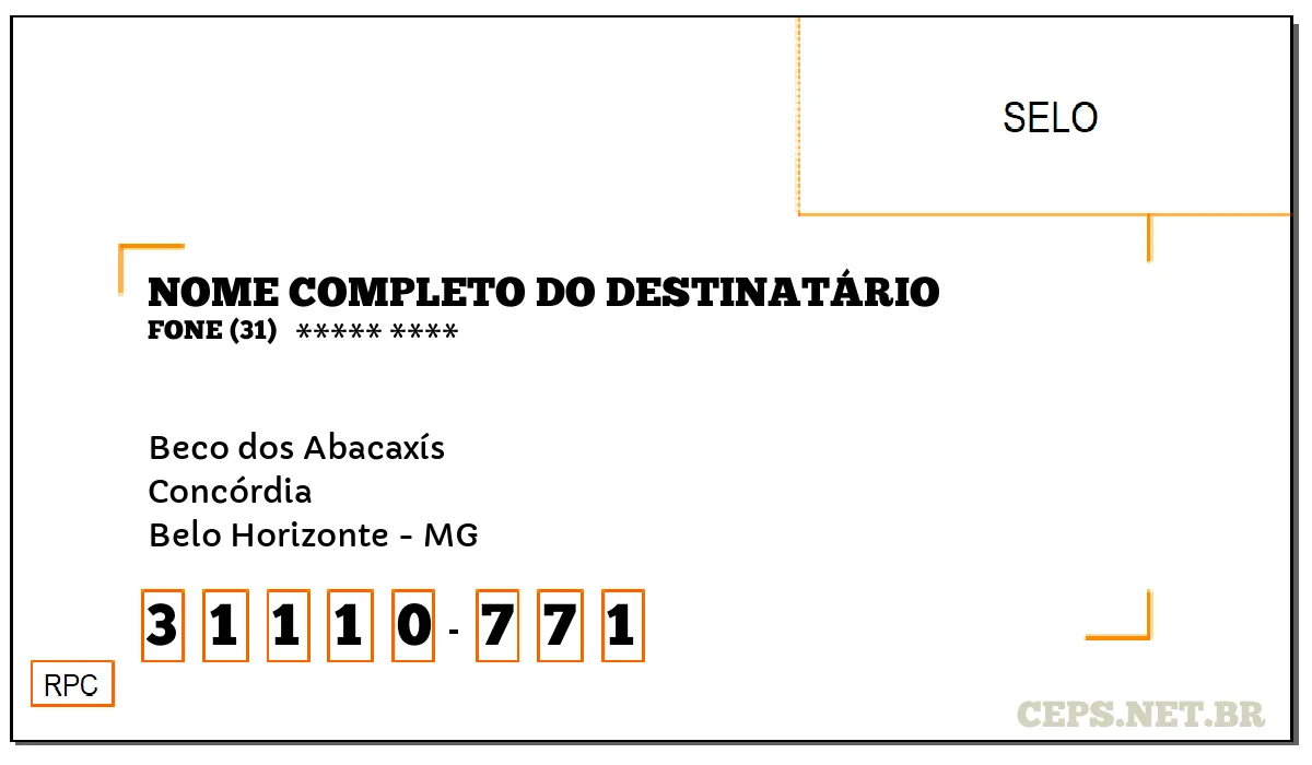 CEP BELO HORIZONTE - MG, DDD 31, CEP 31110771, BECO DOS ABACAXÍS, BAIRRO CONCÓRDIA.