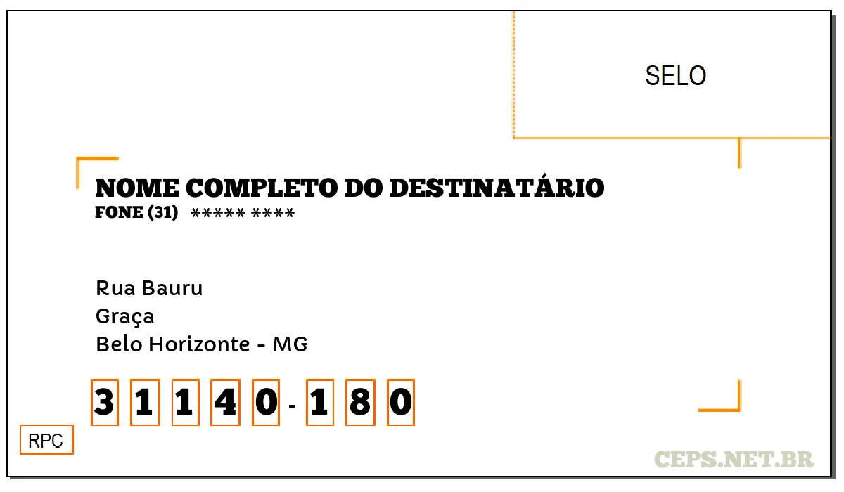 CEP BELO HORIZONTE - MG, DDD 31, CEP 31140180, RUA BAURU, BAIRRO GRAÇA.