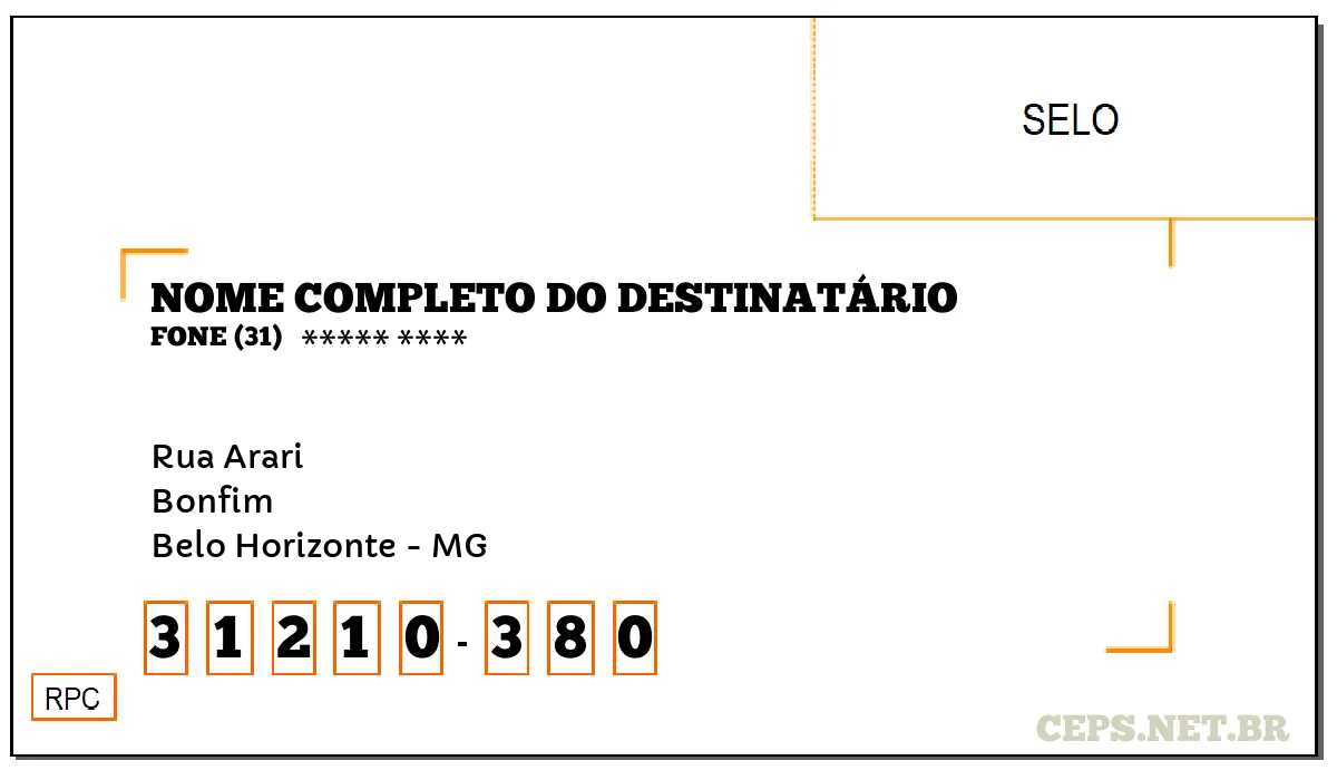 CEP BELO HORIZONTE - MG, DDD 31, CEP 31210380, RUA ARARI, BAIRRO BONFIM.