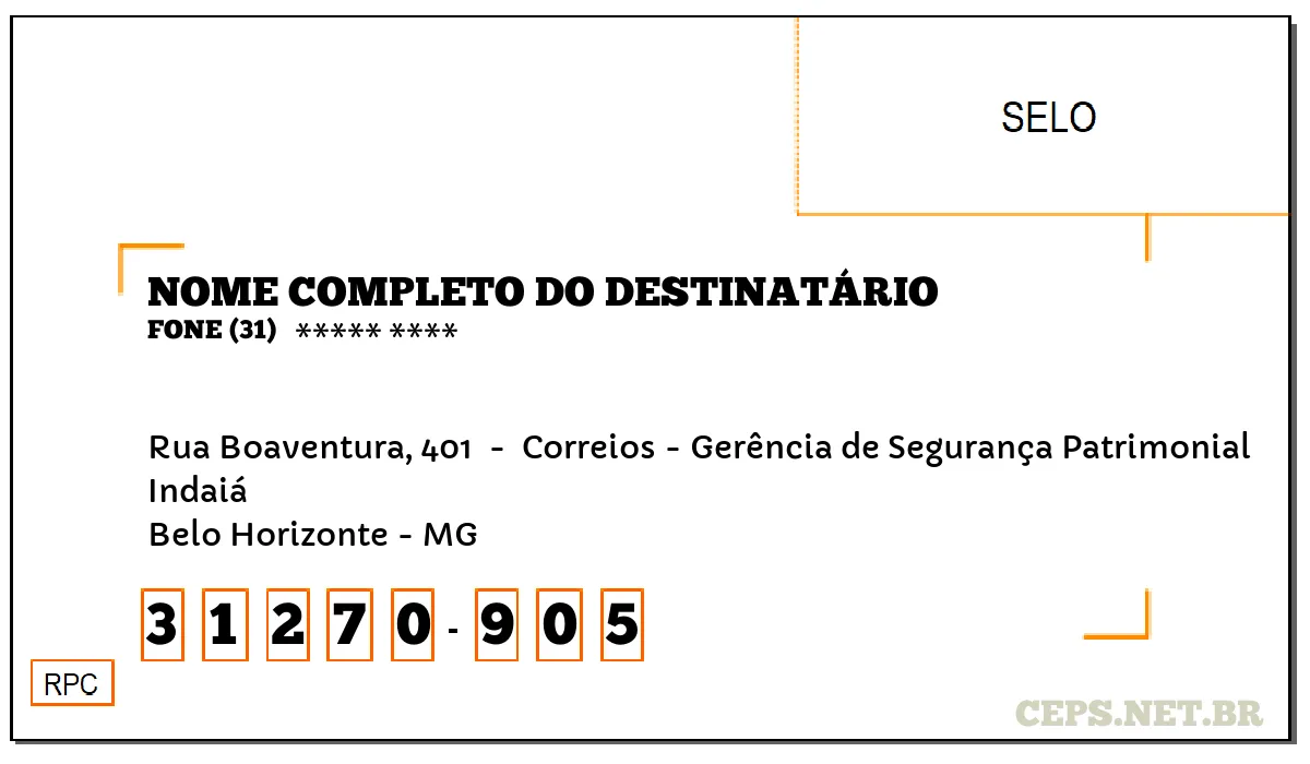 CEP BELO HORIZONTE - MG, DDD 31, CEP 31270905, RUA BOAVENTURA, 401 , BAIRRO INDAIÁ.