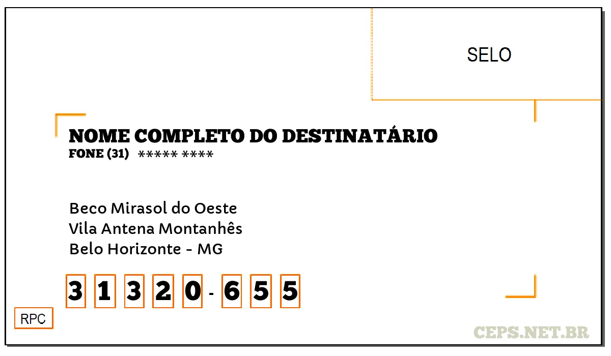 CEP BELO HORIZONTE - MG, DDD 31, CEP 31320655, BECO MIRASOL DO OESTE, BAIRRO VILA ANTENA MONTANHÊS.