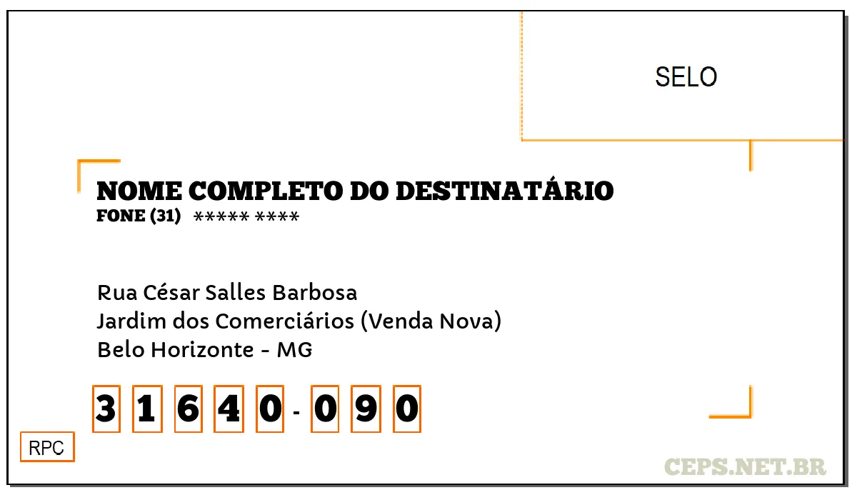 CEP BELO HORIZONTE - MG, DDD 31, CEP 31640090, RUA CÉSAR SALLES BARBOSA, BAIRRO JARDIM DOS COMERCIÁRIOS (VENDA NOVA).