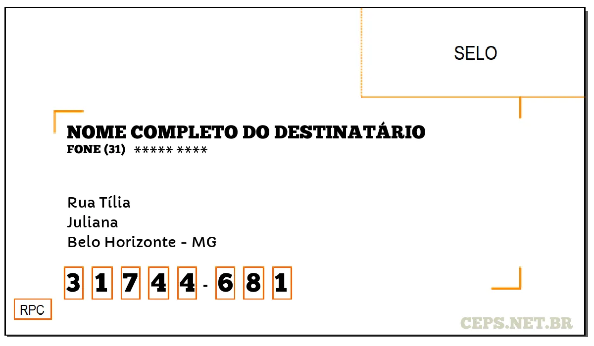 CEP BELO HORIZONTE - MG, DDD 31, CEP 31744681, RUA TÍLIA, BAIRRO JULIANA.