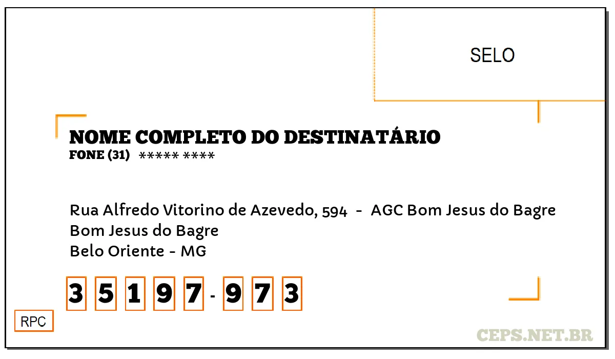 CEP BELO ORIENTE - MG, DDD 31, CEP 35197973, RUA ALFREDO VITORINO DE AZEVEDO, 594 , BAIRRO BOM JESUS DO BAGRE.