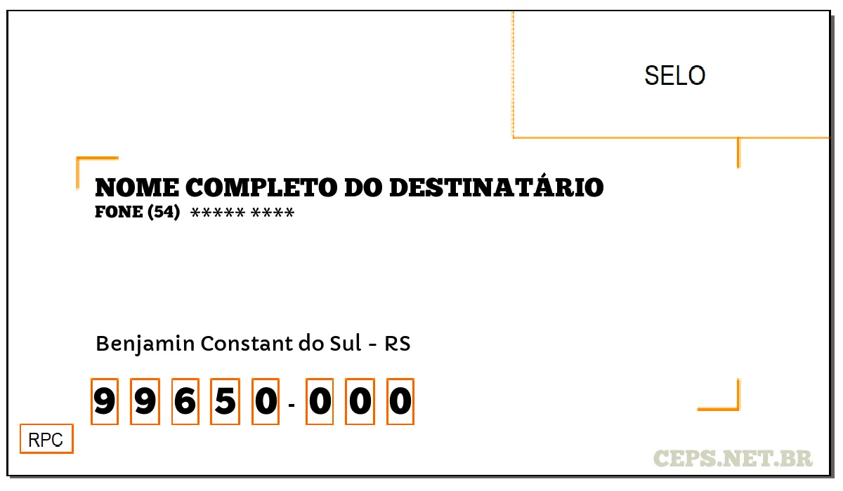 CEP BENJAMIN CONSTANT DO SUL - RS, DDD 54, CEP 99650000, , BAIRRO .