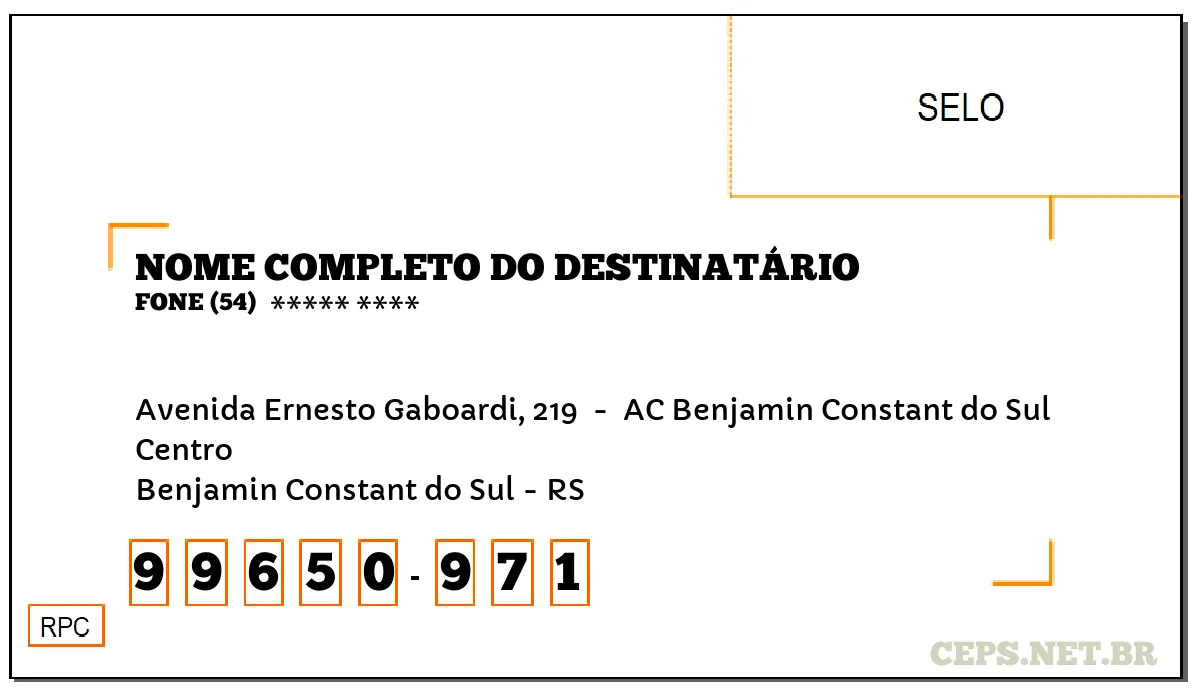 CEP BENJAMIN CONSTANT DO SUL - RS, DDD 54, CEP 99650971, AVENIDA ERNESTO GABOARDI, 219 , BAIRRO CENTRO.