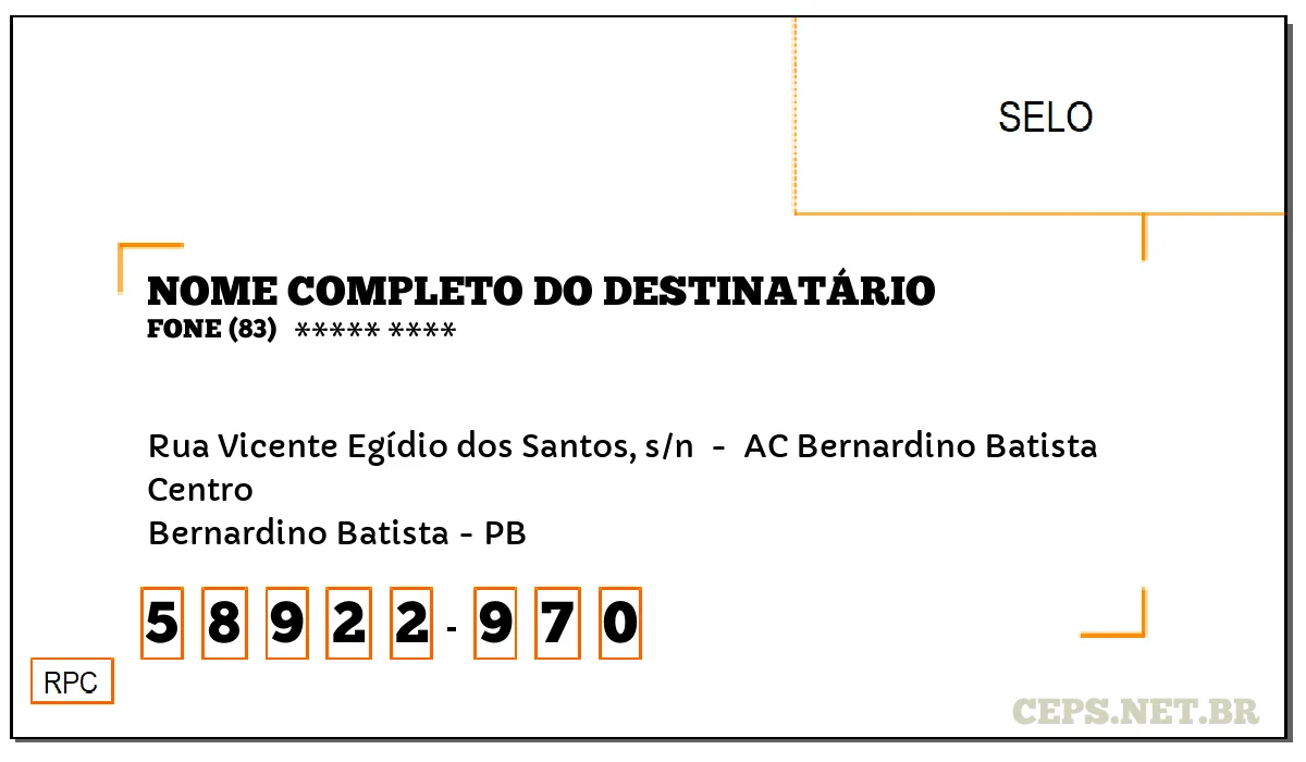 CEP BERNARDINO BATISTA - PB, DDD 83, CEP 58922970, RUA VICENTE EGÍDIO DOS SANTOS, S/N , BAIRRO CENTRO.