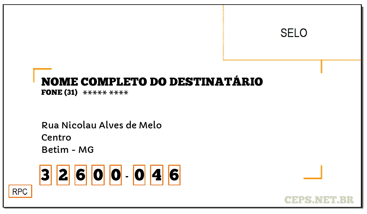 CEP BETIM - MG, DDD 31, CEP 32600046, RUA NICOLAU ALVES DE MELO, BAIRRO CENTRO.