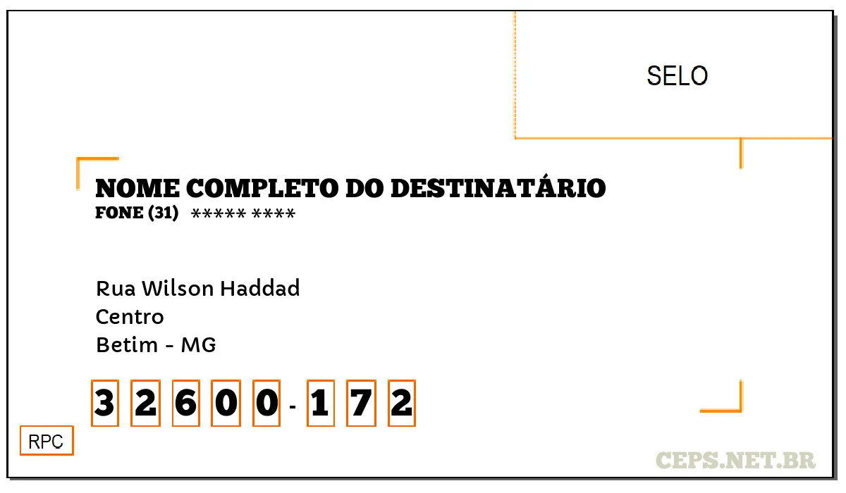 CEP BETIM - MG, DDD 31, CEP 32600172, RUA WILSON HADDAD, BAIRRO CENTRO.