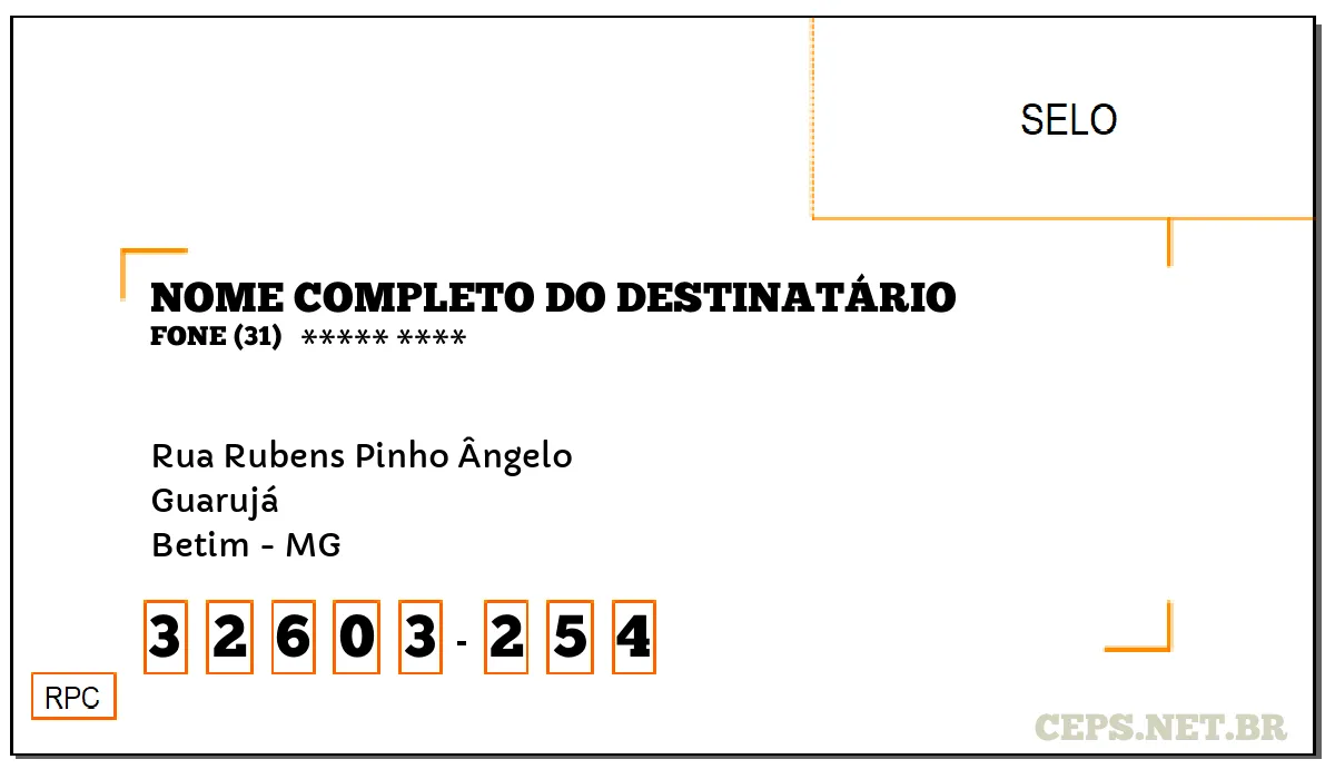 CEP BETIM - MG, DDD 31, CEP 32603254, RUA RUBENS PINHO ÂNGELO, BAIRRO GUARUJÁ.