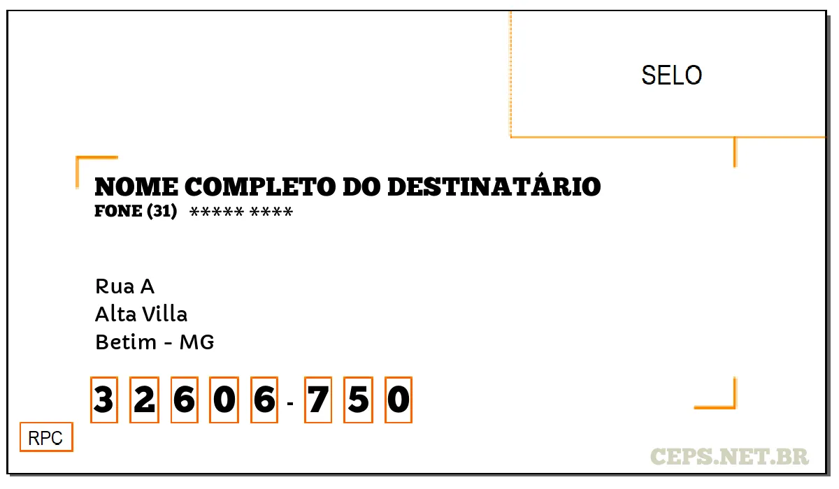 CEP BETIM - MG, DDD 31, CEP 32606750, RUA A, BAIRRO ALTA VILLA.