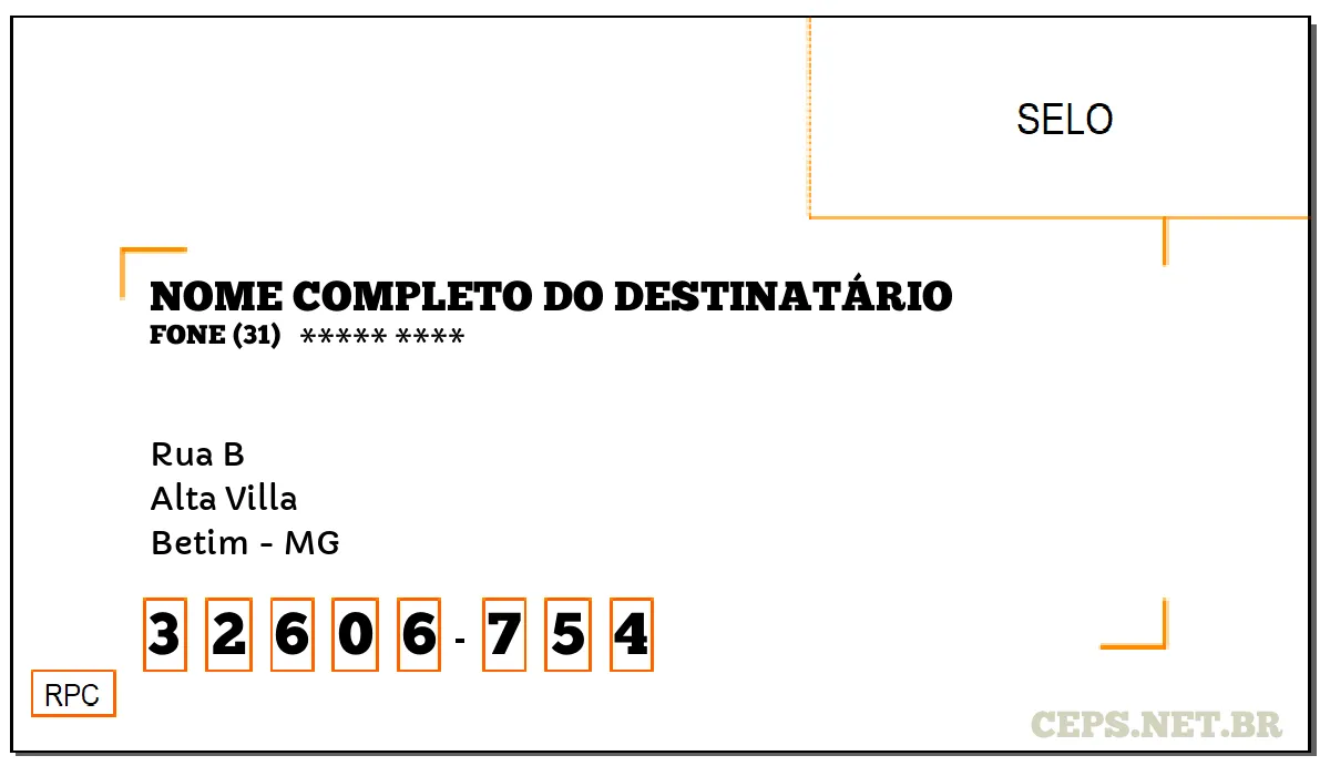 CEP BETIM - MG, DDD 31, CEP 32606754, RUA B, BAIRRO ALTA VILLA.