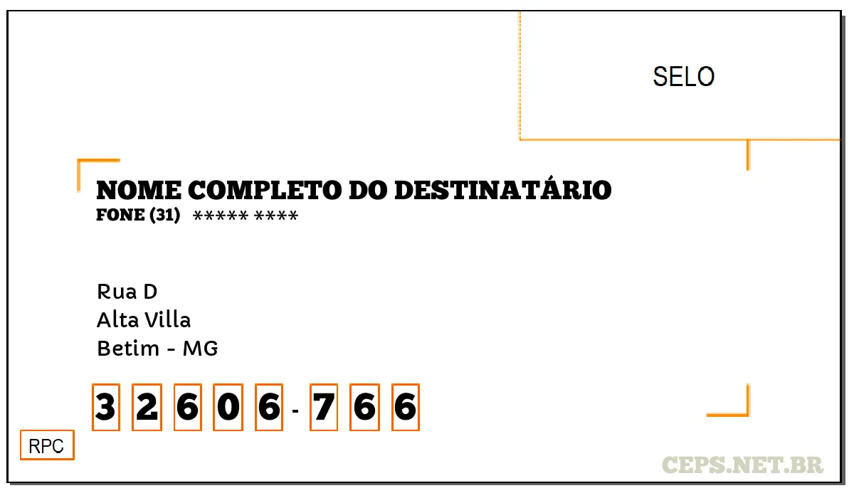 CEP BETIM - MG, DDD 31, CEP 32606766, RUA D, BAIRRO ALTA VILLA.