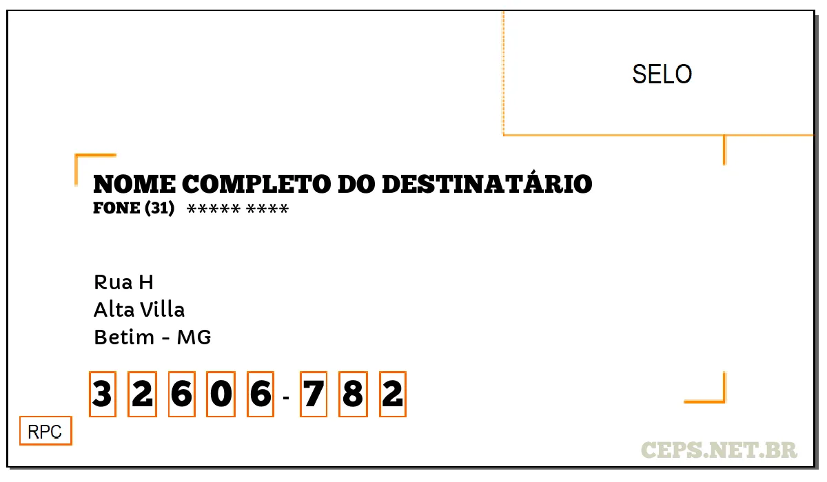 CEP BETIM - MG, DDD 31, CEP 32606782, RUA H, BAIRRO ALTA VILLA.