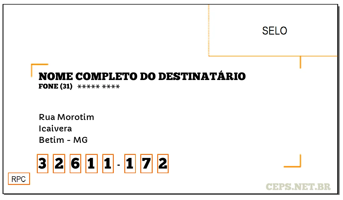 CEP BETIM - MG, DDD 31, CEP 32611172, RUA MOROTIM, BAIRRO ICAIVERA.