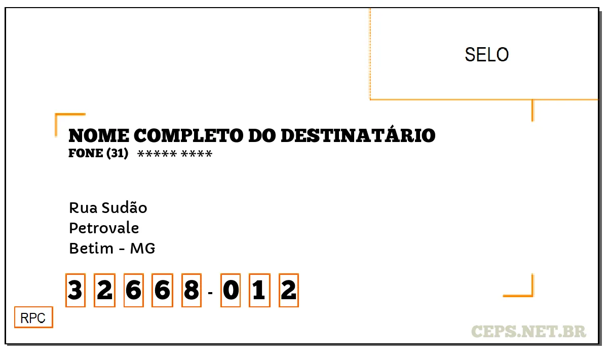 CEP BETIM - MG, DDD 31, CEP 32668012, RUA SUDÃO, BAIRRO PETROVALE.