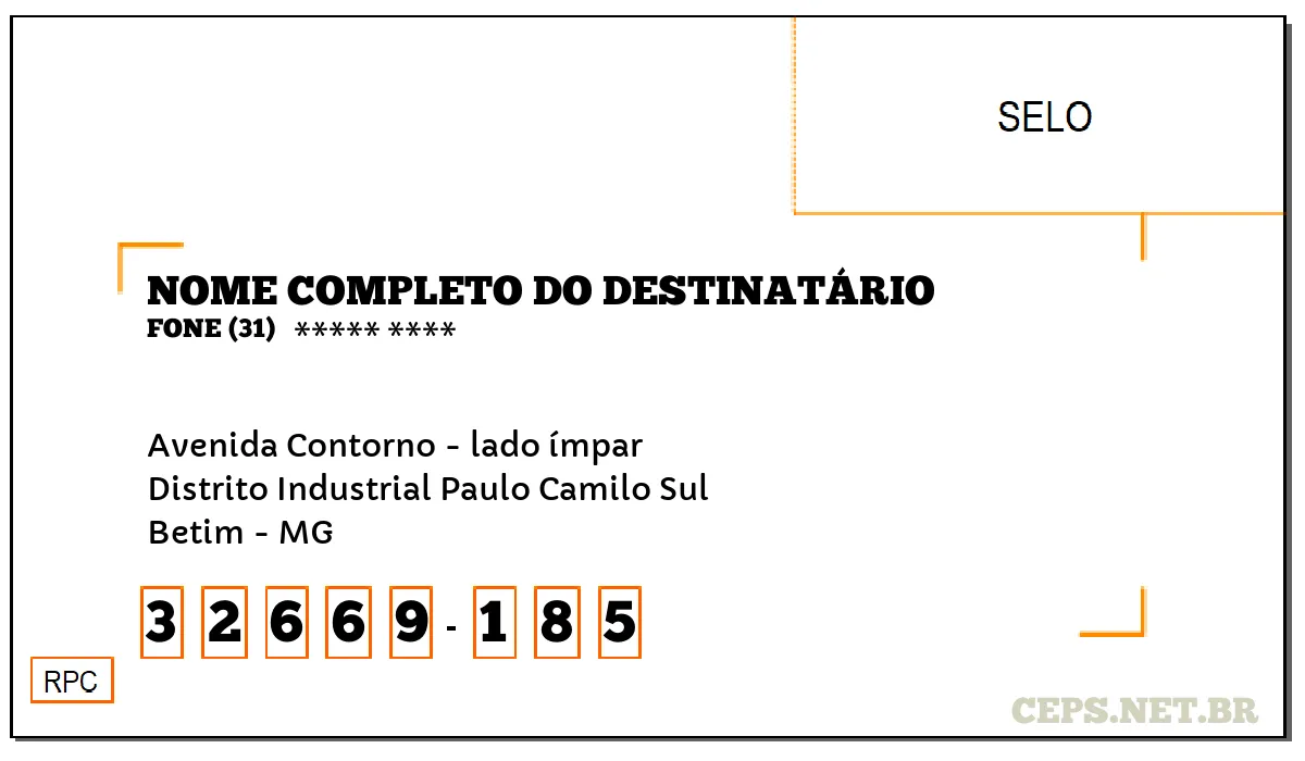 CEP BETIM - MG, DDD 31, CEP 32669185, AVENIDA CONTORNO - LADO ÍMPAR, BAIRRO DISTRITO INDUSTRIAL PAULO CAMILO SUL.