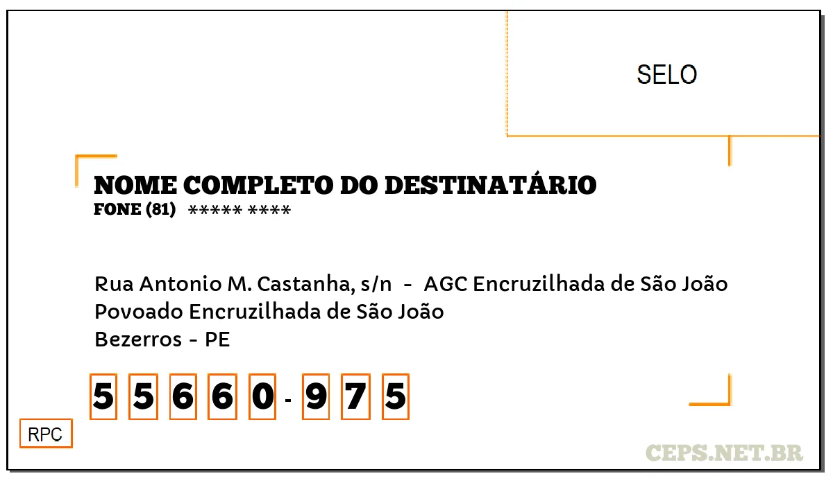 CEP BEZERROS - PE, DDD 81, CEP 55660975, RUA ANTONIO M. CASTANHA, S/N , BAIRRO POVOADO ENCRUZILHADA DE SÃO JOÃO.