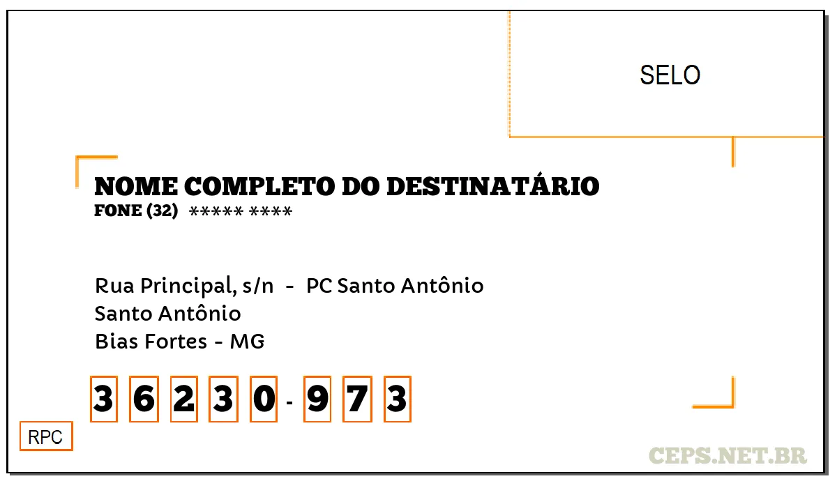 CEP BIAS FORTES - MG, DDD 32, CEP 36230973, RUA PRINCIPAL, S/N , BAIRRO SANTO ANTÔNIO.