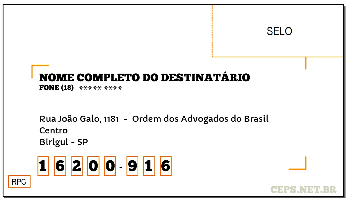 CEP BIRIGUI - SP, DDD 18, CEP 16200916, RUA JOÃO GALO, 1181 , BAIRRO CENTRO.