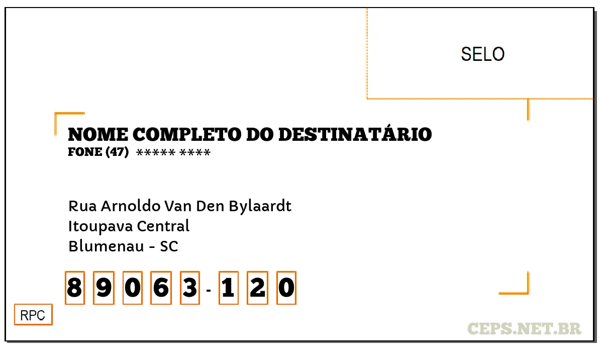 CEP BLUMENAU - SC, DDD 47, CEP 89063120, RUA ARNOLDO VAN DEN BYLAARDT, BAIRRO ITOUPAVA CENTRAL.