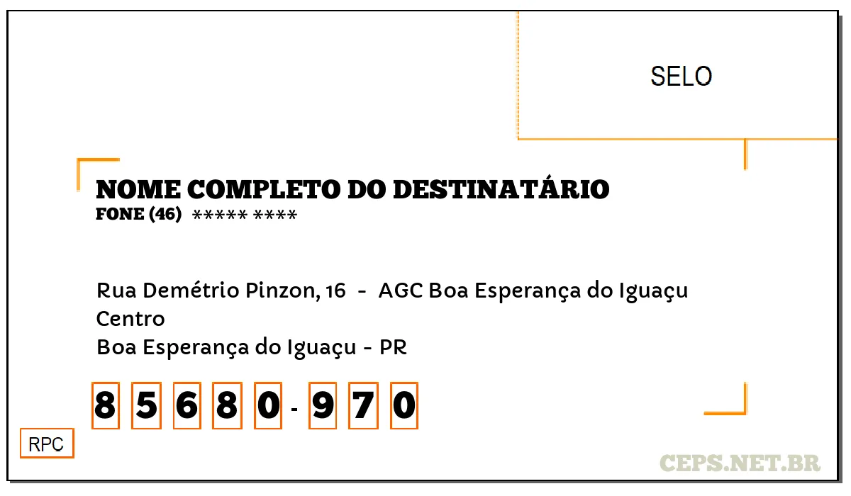 CEP BOA ESPERANÇA DO IGUAÇU - PR, DDD 46, CEP 85680970, RUA DEMÉTRIO PINZON, 16 , BAIRRO CENTRO.