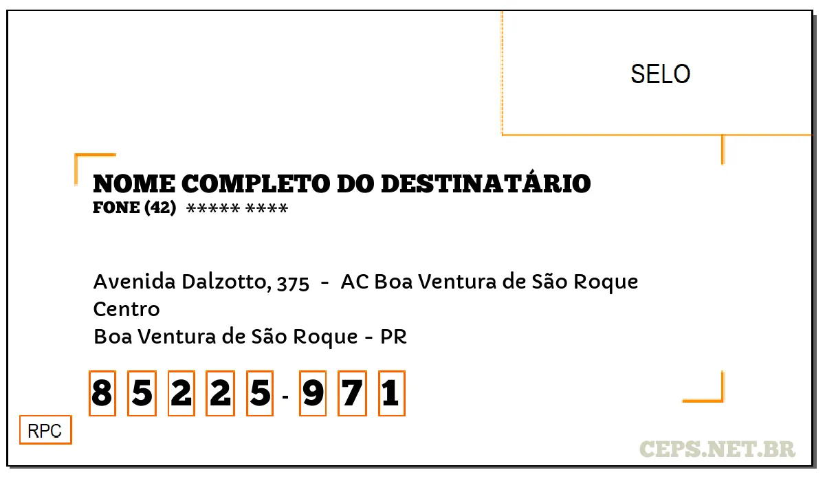 CEP BOA VENTURA DE SÃO ROQUE - PR, DDD 42, CEP 85225971, AVENIDA DALZOTTO, 375 , BAIRRO CENTRO.